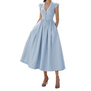 Linen Vibes Cap Sleeve Midi Linen Blend Dress Blue M